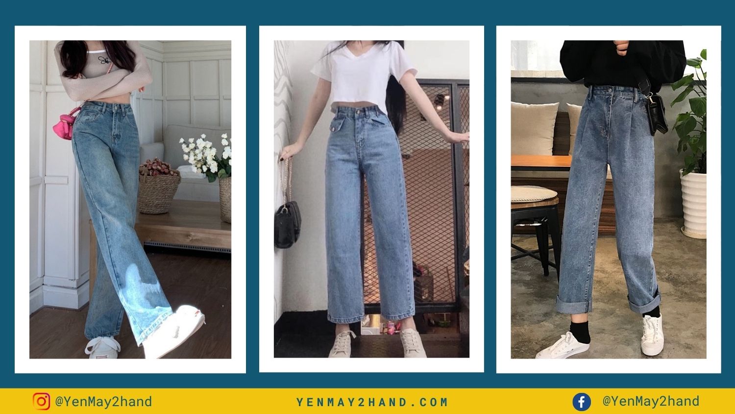 3 người mẫu mặc quần jeans vintage